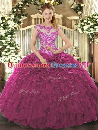 Superior Scoop Cap Sleeves Lace Up Quinceanera Dress Fuchsia Organza