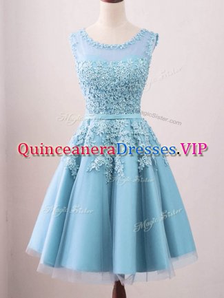 Amazing Aqua Blue Tulle Zipper Vestidos de Damas Sleeveless Knee Length Lace