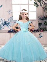 Pretty Aqua Blue Ball Gowns Off The Shoulder Sleeveless Tulle Floor Length Lace Up Lace and Belt Little Girl Pageant Gowns