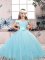 Pretty Aqua Blue Ball Gowns Off The Shoulder Sleeveless Tulle Floor Length Lace Up Lace and Belt Little Girl Pageant Gowns