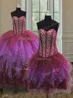 Three Piece Tulle Sweetheart Sleeveless Lace Up Beading Ball Gown Prom Dress in Multi-color