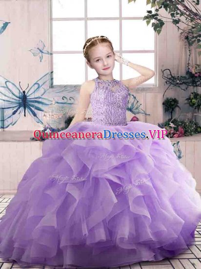 Graceful Lavender Sleeveless Beading and Ruffles Floor Length Little Girl Pageant Dress - Click Image to Close