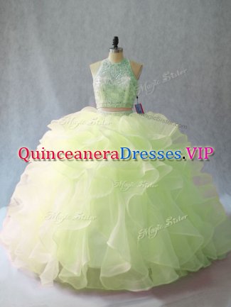 Yellow Green Quince Ball Gowns Halter Top Sleeveless Brush Train Backless