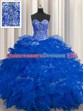 Custom Designed See Through Royal Blue Sleeveless Organza Lace Up Quince Ball Gowns for Military Ball and Sweet 16 and Quinceanera