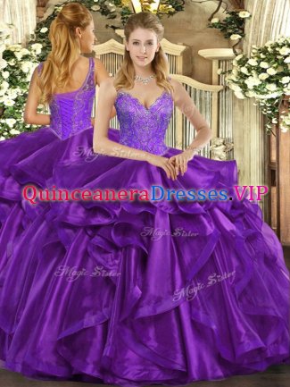 Dramatic Straps Sleeveless Lace Up Sweet 16 Dresses Eggplant Purple Organza