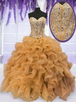 Sweet Gold Ball Gowns Beading and Ruffles Quinceanera Dresses Lace Up Organza Sleeveless Floor Length