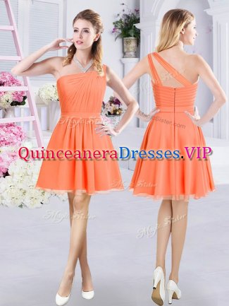 Perfect One Shoulder Orange A-line Ruching Damas Dress Zipper Chiffon Sleeveless Mini Length