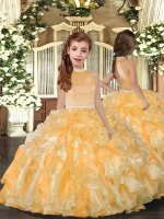 Ball Gowns Little Girls Pageant Dress Gold Halter Top Organza Sleeveless Floor Length Backless