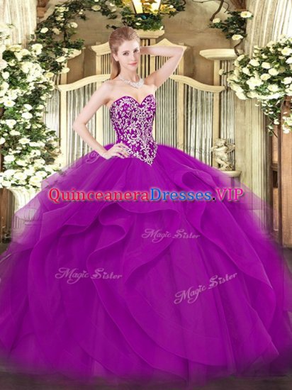 Popular Fuchsia Sweetheart Neckline Beading and Ruffles 15th Birthday Dress Sleeveless Lace Up - Click Image to Close