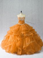 Classical Orange Ball Gowns Organza Sweetheart Sleeveless Beading and Ruffles Floor Length Lace Up 15 Quinceanera Dress