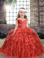 Red Organza Lace Up Straps Sleeveless Floor Length Pageant Gowns Beading and Ruffles