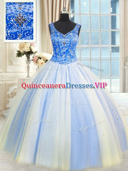 High End Blue And White Sleeveless Beading and Sequins Floor Length Sweet 16 Quinceanera Dress - Click Image to Close