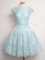 Light Blue Lace Lace Up Scalloped Cap Sleeves Knee Length Court Dresses for Sweet 16 Lace