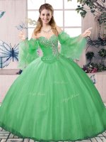 High Class Green Tulle Lace Up Quinceanera Gown Long Sleeves Floor Length Beading