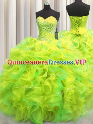 Multi-color Organza Lace Up Ball Gown Prom Dress Sleeveless Floor Length Beading and Ruffles