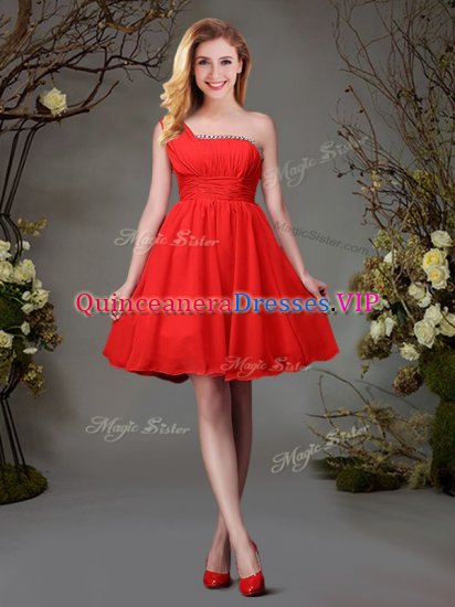 One Shoulder Red Sleeveless Mini Length Beading and Ruching Zipper Quinceanera Court of Honor Dress - Click Image to Close