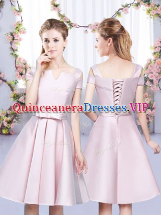 Top Selling Mini Length Lace Up Vestidos de Damas Baby Pink for Wedding Party with Bowknot