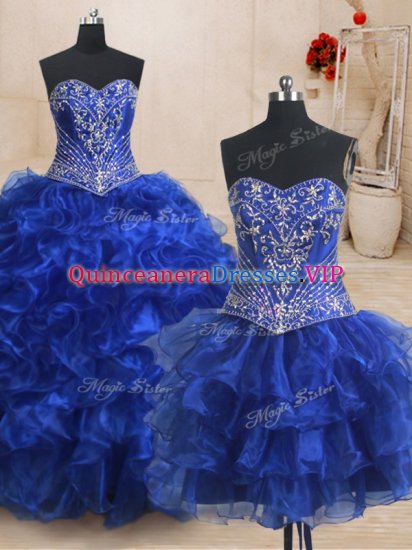 Modern Three Piece Sweetheart Sleeveless Organza Sweet 16 Dress Beading and Ruffles Brush Train Lace Up - Click Image to Close