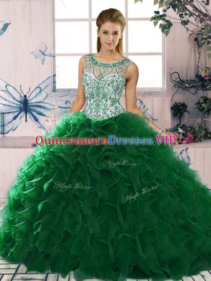 Fabulous Beading and Ruffles Sweet 16 Quinceanera Dress Dark Green Lace Up Sleeveless Floor Length - Click Image to Close