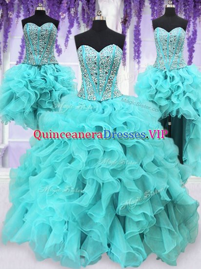 Amazing Four Piece Sequins Sweetheart Sleeveless Lace Up 15th Birthday Dress Aqua Blue Organza - Click Image to Close