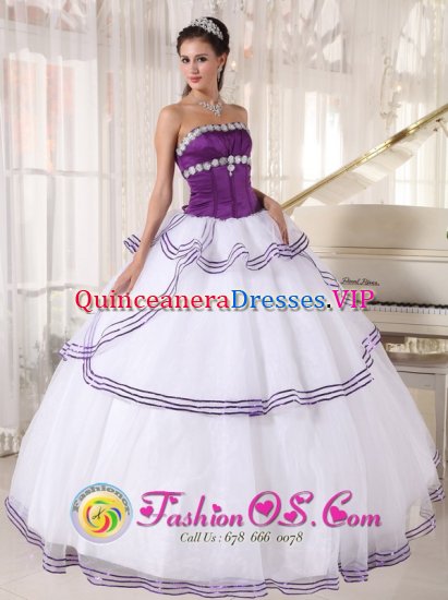 Palm Beach FL Fabulous strapless White and Purple Quinceanera Dress With Appliques Custom Made Organza - Click Image to Close