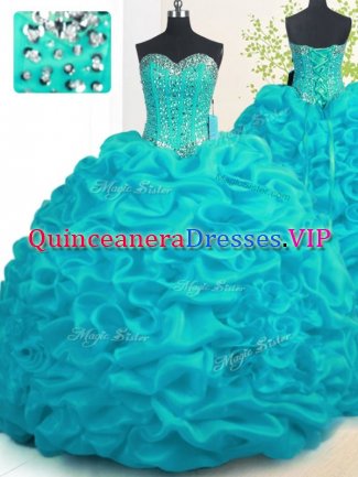 Suitable Sweetheart Sleeveless Brush Train Lace Up Quinceanera Dress Aqua Blue Organza