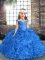 Trendy Royal Blue Fabric With Rolling Flowers Lace Up Pageant Dress Toddler Sleeveless Floor Length Beading and Ruching