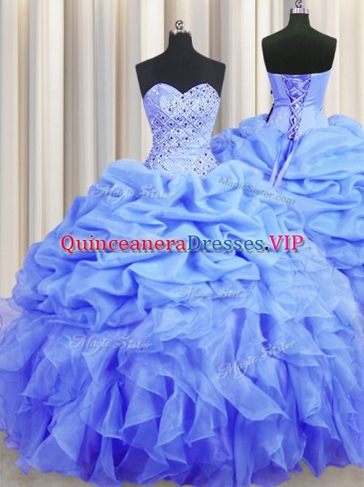 Beautiful Blue Ball Gowns Organza Sweetheart Sleeveless Beading and Ruffles and Pick Ups Floor Length Lace Up 15 Quinceanera Dress - Click Image to Close