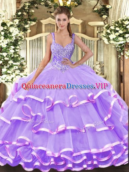 Straps Sleeveless Lace Up 15 Quinceanera Dress Lavender Organza - Click Image to Close