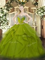 Olive Green Tulle Lace Up Sweetheart Sleeveless Floor Length 15 Quinceanera Dress Beading and Ruffles