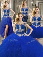 Smart Three Piece Off the Shoulder Floor Length Royal Blue Quince Ball Gowns Tulle Sleeveless Beading and Ruffles(SKU YYPJ027CX004BIZ)