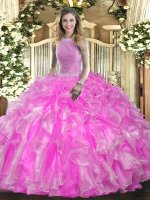 Shining High-neck Sleeveless Sweet 16 Dresses Floor Length Beading and Ruffles Rose Pink Organza