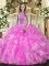 Shining High-neck Sleeveless Sweet 16 Dresses Floor Length Beading and Ruffles Rose Pink Organza