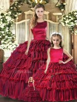 Wine Red Sleeveless Organza Lace Up Sweet 16 Dress for Military Ball and Sweet 16 and Quinceanera