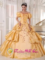 Pringle South Dakota/SD Taffeta Off The Shoulder and Short Sleeves Yellow Quinceanera Dress With Embroidery and Pick-ups(SKU PDZY538J4BIZ)