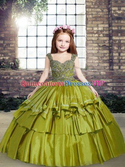 Straps Sleeveless Little Girls Pageant Gowns Floor Length Beading Olive Green Taffeta - Click Image to Close