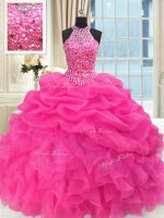 See Through Beaded Bodice Hot Pink Lace Up High-neck Beading and Ruffles and Pick Ups Sweet 16 Dress Organza Sleeveless