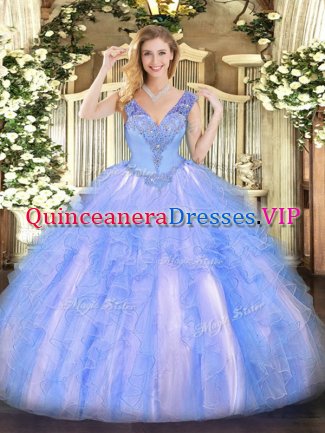 V-neck Sleeveless Organza Quinceanera Gown Beading and Ruffles Lace Up