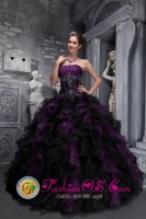 Strapless Appliques and Decorate Bodice Ruffles Taffeta and Organza Exclusive Drak Purple and Black Quinceanera Dresses in Aptos CA