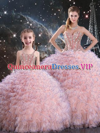 Baby Pink Organza Lace Up Ball Gown Prom Dress Sleeveless Floor Length Beading and Ruffles