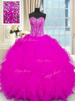 Fuchsia Sleeveless Beading and Ruffles Floor Length Quinceanera Dresses