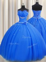 Customized Handcrafted Flower Strapless Sleeveless Tulle Quince Ball Gowns Beading and Sequins and Hand Made Flower Lace Up