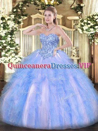 Traditional Organza Sweetheart Sleeveless Lace Up Appliques and Ruffles Sweet 16 Dresses in Blue And White