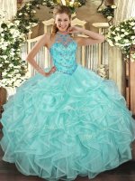 Colorful Apple Green Organza Lace Up Halter Top Sleeveless Floor Length Ball Gown Prom Dress Beading and Ruffles