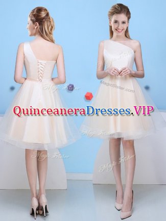 Fashion Champagne A-line Tulle One Shoulder Sleeveless Bowknot Knee Length Lace Up Quinceanera Court Dresses