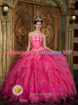 Gorgeous Strapless Organza Hot Pink Quinceanera Dress Appliques Ruffled Ball Gown in Simpsonville South Carolina S/C