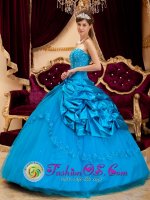 Matlock Derbyshire Stylish Quinceanera Dress For Strapless Teal Taffeta and Tulle Lace and Appliques Ball Gown