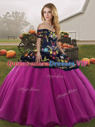 Embroidery Quinceanera Gown Fuchsia Lace Up Sleeveless Floor Length