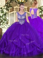 Lovely Eggplant Purple Ball Gowns Organza Scoop Sleeveless Beading and Ruffles Floor Length Lace Up Vestidos de Quinceanera