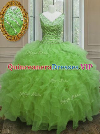 Ideal Sleeveless Floor Length Beading and Ruffles Zipper 15th Birthday Dress with